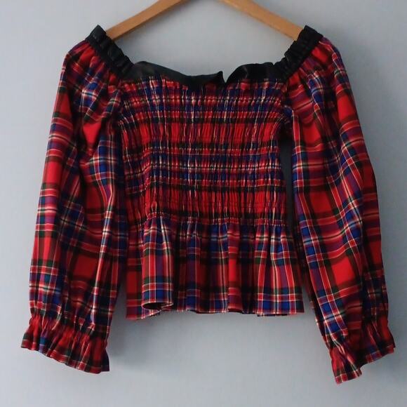 Tanya Taylor Smocked Crop Blouse Red Multi 2 - Picture 5 of 10